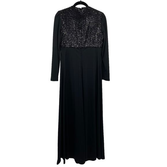 Vintage Shawn Jos 1970s Formal Gown Maxi Dress Black Sequin V Neck Womens Small - Picture 9 of 9